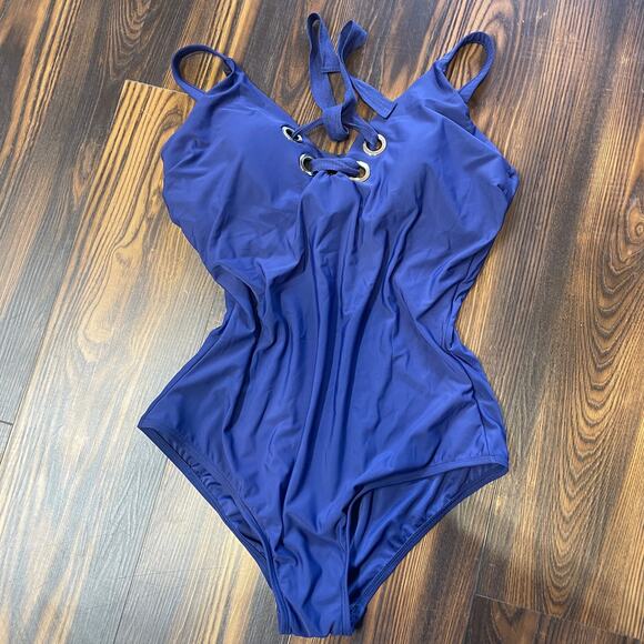 NWT Eloquii One Piece Swimsuit Built In Underwire Bra Lace Up Front Size 14 - Picture 1 of 13